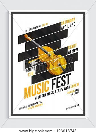 Music Fest Template, Banner or Flyer design with illustration of stylish violin instrument.