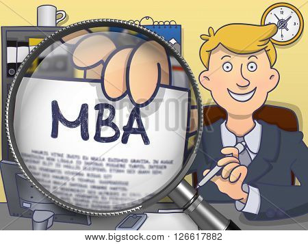 MBA - Master Administration Education. Business Man Welcomes in Office and Holds Out MBA Education Offer through Lens. Colored Modern Line Illustration in Doodle Style.