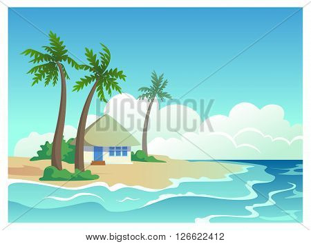 Sea landscape. vector illustration with bungalow on a tropical island