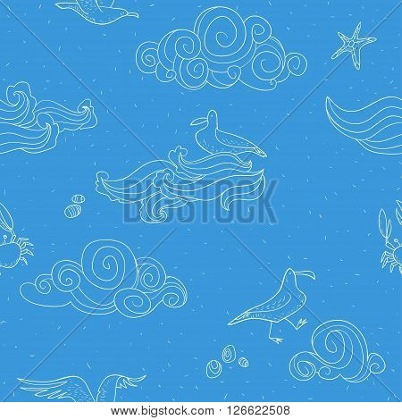 vector seamless pattern with gulls and clouds