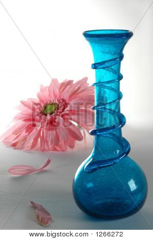 Blaue Blumenvase mit rosa Gerbera Daisy auf weißem Hintergrund