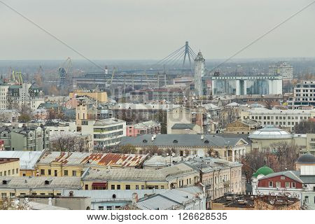 Kiev Ukraine - November 6 2010: view to the district of Podil and Moscow Bridge