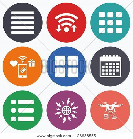 Wifi, mobile payments and drones icons. List menu icons. Content view options symbols. Thumbnails grid or Gallery view. Calendar symbol.