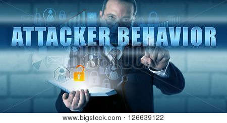 Investigative specialist pushing ATTACKER BEHAVIOR on a virtual touch screen interface. Information technology metaphor and forensic research metaphor for identifying an attackers habits via residue.