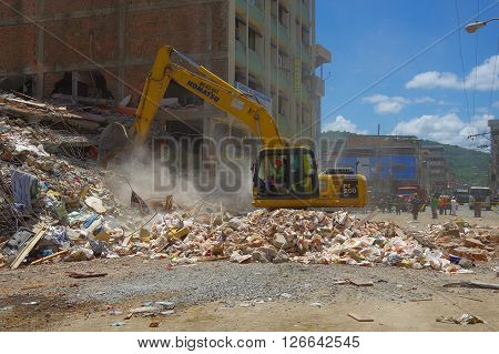 Portoviejo, Ecuador - April, 18, 2016: Building showing the aftereffect of 7.8 earthquake that destroyed the city center.