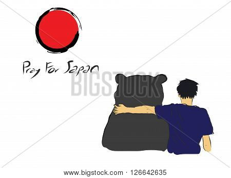 Pray for Japan with unknown man hug the big bear for encourage by my own sketch drawing under the red circle of Japan flag
