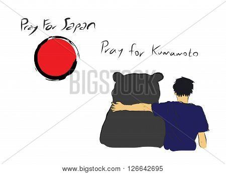 Pray for Japan with unknown man hug the big bear for encourage by my own sketch drawing under the red circle of Japanese symbol