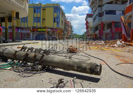 Portoviejo, Ecuador - April, 18, 2016: Building showing the aftereffect of 7.8 earthquake that destroyed the city center.