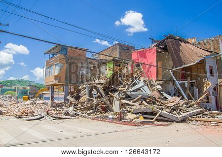 Portoviejo, Ecuador - April, 18, 2016: Building showing the aftereffect of 7.8 earthquake that destroyed the city center.