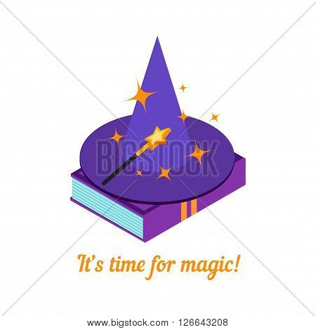 Isometric magic hat isolated on a white background. Magic wand and hat on a book. Magic background. Vector illustration.