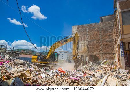 Portoviejo, Ecuador - April, 18, 2016: Building showing the aftereffect of 7.8 earthquake that destroyed the city center.