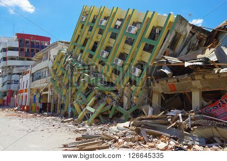 Portoviejo, Ecuador - April, 18, 2016: Building showing the aftereffect of 7.8 earthquake that destroyed the city center.