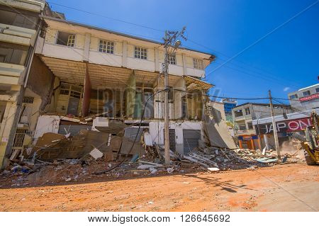 Portoviejo, Ecuador - April, 18, 2016: Building showing the aftereffect of 7.8 earthquake that destroyed the city center.