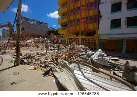 Portoviejo, Ecuador - April, 18, 2016: Building showing the aftereffect of 7.8 earthquake that destroyed the city center.