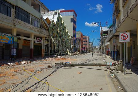 Portoviejo, Ecuador - April, 18, 2016: Sterr in the city center, showing the aftereffect of 7.8 earthquake that destroyed the province.