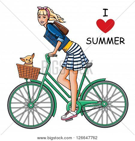 Young beautiful girl rides a bicycle. Fashion woman and dog in white background. Summer trip