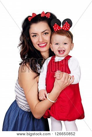 Young mother with little daughter, happy girls. isolated on white background