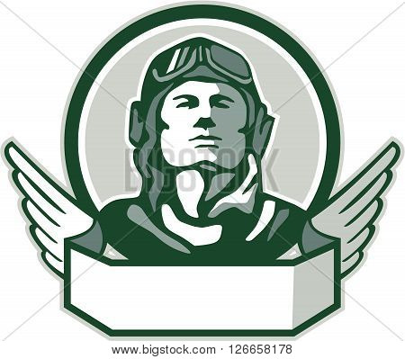 Illustration of a vintage world war one pilot airman aviator bust looking up viewed from front with winged scroll in front set inside circle done in retro style.