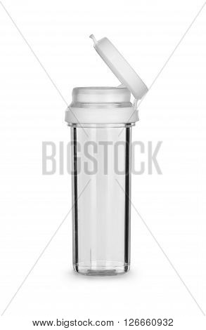 open medicine pill bottle isolated on a white background