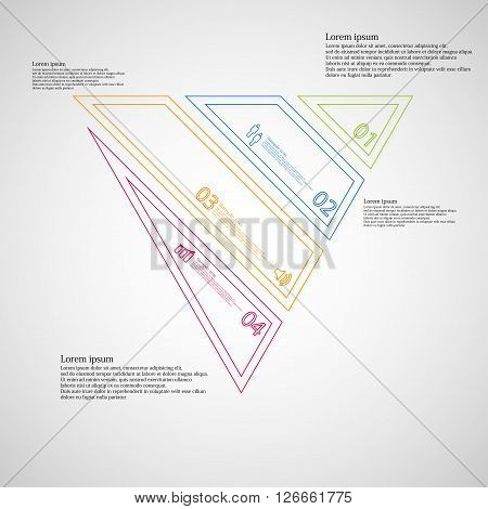 Illustration infographic template with motif of triangle which is askew divided to four color parts created by double contour outlines. Each item contains number text and simple sign. Background is light.