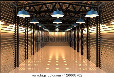 Warehouse with vintage retro lamps. 3D rendering.