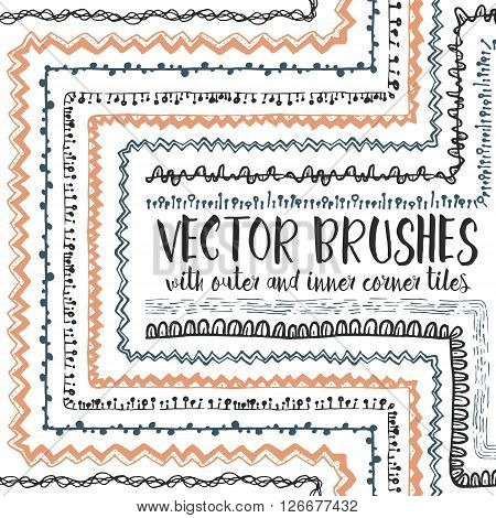 Vector set of 10 hand drawn decorative seamless pattern brushes with outer and inner corner tiles. Endless whimsical ink borders for frames, decorations, elements, dividers.Brushes are included in eps