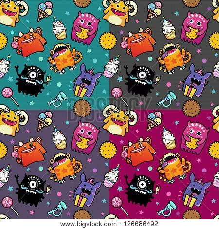 vector seamless pattern with monster and sweet food