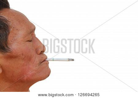 Asian old man smoking cigarette. Face filled with wrinkles. isolated on white background.