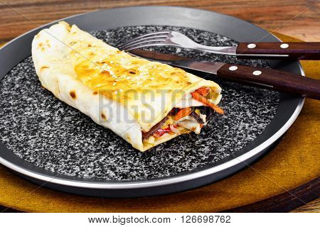 Burrito, Shawarma Lavash with Chicken and Vegetables Studio Photo
