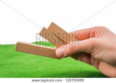 Wbrown color ooden dominos on green eass