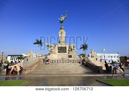 TRUJILLO PERU - AUGUST 3: Principal monumente in the Plaza de Armas in Trujillo at sunset in august 3 2012 in Trujillo Peru.