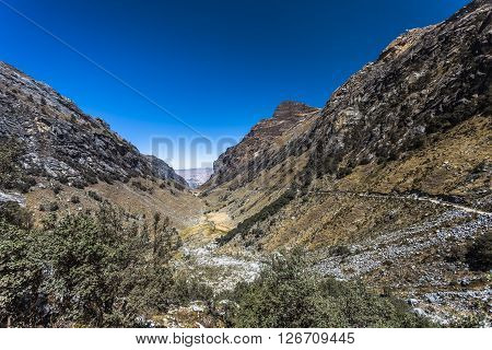 Walk to approach the lagoon Llaca Huaraz Peru.