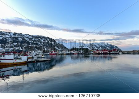 Frevang, Norway - February 16, 2016: Winter landscape along the village of Fredvang in the Lofoten Islands Norway.