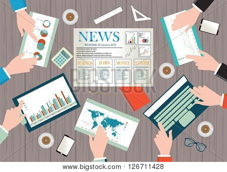 Top view of Business workspace with people hand coffee cup tablet smartphone newspaper and various office supplies objects on tableBusiness Strategy conceptual vector illustration.