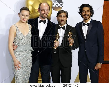 James Gay-Rees, Asif Kapadia, Dev Patel and Daisy Ridley at the 88th Annual Academy Awards - Press Room held at the Loews Hotel in Hollywood, USA on February 28, 2016.