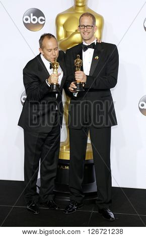 Jonas Rivera and Pete Docter at the 88th Annual Academy Awards - Press Room held at the Loews Hotel in Hollywood, USA on February 28, 2016.