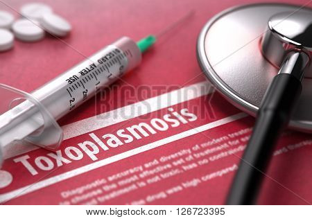Toxoplasmosis - Medical Concept on Red Background with Blurred Text and Composition of Pills, Syringe and Stethoscope. 3D Render.
