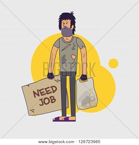 Dirty homeless in need of help and work. Shaggy unemployed man wearing dirty rags and with a plastic bag with empty bottles. Vector illustration. Linear flat style