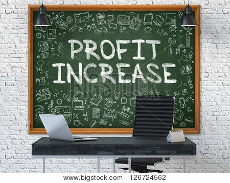 Hand Drawn Profit Increase on Green Chalkboard. Modern Office Interior. White Brick Wall Background. Business Concept with Doodle Style Elements. 3D.
