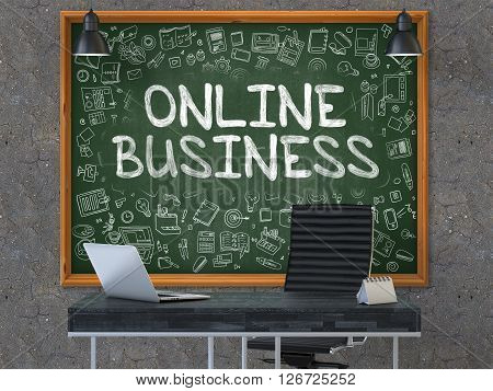 Green Chalkboard on the Dark Old Concrete Wall in the Interior of a Modern Office with Hand Drawn Online Business. Business Concept with Doodle Style Elements. 3D.