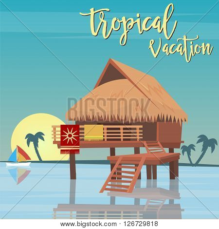 Tropical Paradise - Exotic Island with Bungalows. Vector illustration