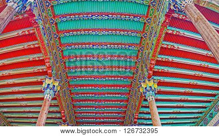 KOKAND UZBEKISTAN - MAY 6 2015: The ceiling of the courtyard terrace of Khudayar Khan Palace is divided into different sections with unique patterns each on May 6 in Kokand.
