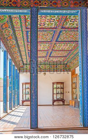 KOKAND UZBEKISTAN - MAY 6 2015: The Khudayar Khan Palace boasts numerous preserved interiors with the unique decorations made of carved wood covered with islamic patterns on May 6 in Kokand.