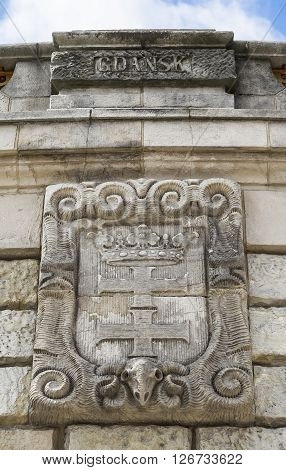 Coat of arms of Gdansk on the wall fountain in Szczecin. Poland