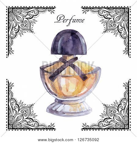 Perfume watercolor illustration. Watercolor vintage bottle of perfume with ornate border frame. Label with perfume. Hand painted perfume in vintage style.