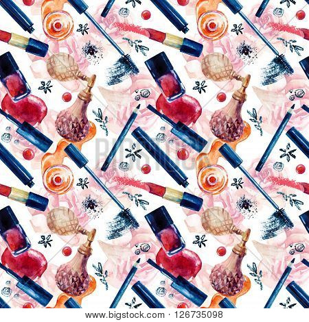 Watercolor beauty seamless pattern. Essential makeup must-haves painting. Beauty product background. Cosmetics on pink roses background. Hand painted illustration for fashionable design.