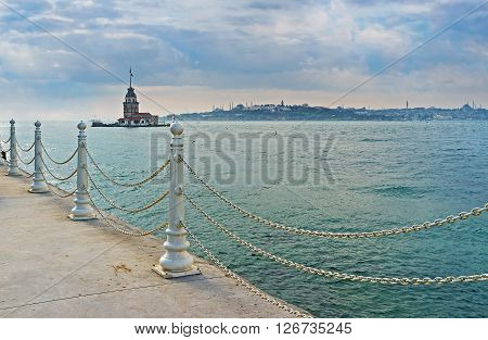 The Maiden's Tower is the former lighthouse and also one of the notable landmarks that can be seen from the Uskudar embankment Istanbul Turkey.