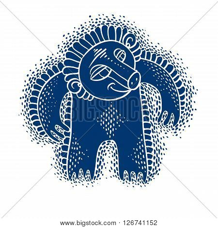 Vector cute Halloween character ogre fictitious creature. Cool illustration of freak blue monster with snoot.