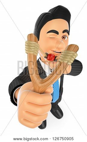 3d business people. Businessman aiming with a slingshot. Accuracy concept. Isolated white background.