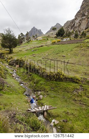 Creek that runs through farms where tourists stroll around Zumbahua province of Cotopaxi Ecuador